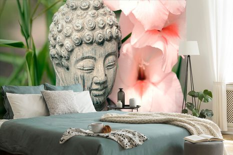 CARTA DA PARATI – STATUA DI BUDDHA NEL GIARDINO ZEN - CARTA DA PARATI FENG SHUI - CARTA DA PARATI