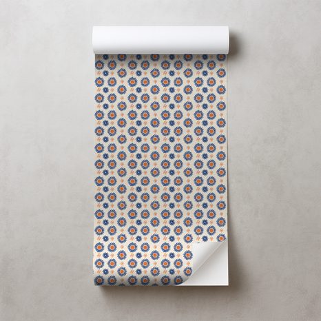 SAMOLEPÍCÍ TAPETA ORANŽOVO-MODRÉ KVĚTINOVÉ KRUHY - VZOROVANÉ TAPETY - TAPETY