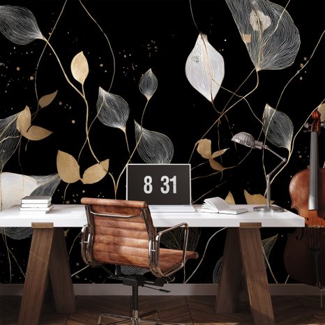 FOTOTAPET FRUNZE AURII ȘI ALBE PE NEGRU - TAPETE FRUNZE - TAPETURI