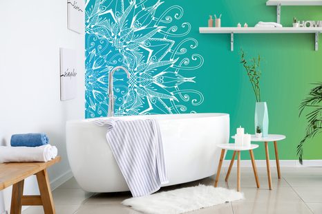 WALLPAPER WHITE MANDALA ON A TEAL BACKGROUND - WALLPAPERS FENG SHUI - WALLPAPERS