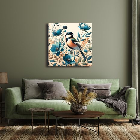 OBRAZ SÝKORKA V KVĚTINOVÉ ZAHRADĚ - OBRAZY PTÁCI - OBRAZY