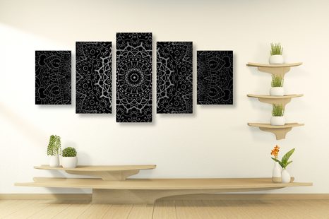 TABLOU 5-PIESE MANDALA VINTAGE ÎN STIL INDIAN ÎN DESIGN ALB-NEGRU - TABLOURI ALB-NEGRU - TABLOURI