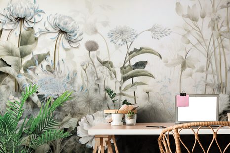 TAPETE IN NATUR GEHÜLLTE BLUMEN MIT BLAUEM KONTRAST - TAPETEN BLÄTTER - TAPETEN