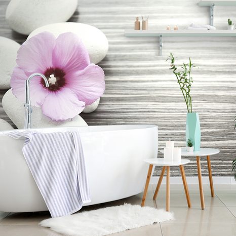 WALL MURAL INTERPLAY OF STONES AND A PINK FLOWER - WALLPAPERS FENG SHUI - WALLPAPERS