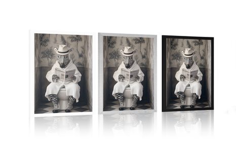 POSTER ZEBRA MIT EINER ZEITUNG AUF DEM KLO - GIRAFFEN UND ZEBRAS - POSTER