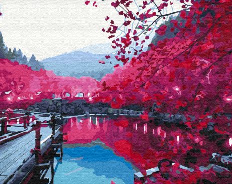 OBRAZ MALOVÁNÍ PODLE ČÍSEL SAKURA U JEZERA - MALOVÁNÍ PODLE ČÍSEL