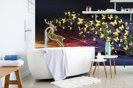 TAPETE SCHÖNER HIRSCH MIT SCHMETTERLINGEN - ABSTRAKTE TAPETEN - TAPETEN