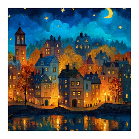 WANDBILD HERBSTLICHE ABENDMÄRCHEN - BUNTE HÄUSER - BILDER