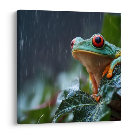 WANDBILD REGENTROPFEN AUF EINEM FROSCHBLATT - BILDER TIERE - BILDER