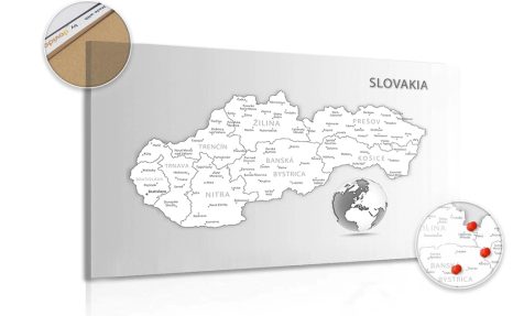 DECORATIVE PINBOARD BLACK AND WHITE MAP OF THE SLOVAK REPUBLIC - PICTURES ON CORK - PICTURES