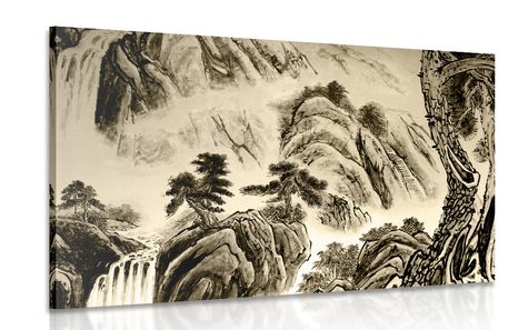 WANDBILD CHINESISCHE LANDSCHAFTSMALEREI IN SEPIA - SCHWARZ-WEISSE BILDER - BILDER