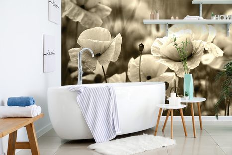 CARTA DA PARATI – CAMPO DI PAPAVERI SELVATICI IN SEPPIA - CARTA DA PARATI BIANCO E NERO - CARTA DA PARATI