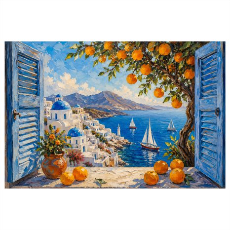WANDBILD KÜSTE VON SANTORINI MIT ORANGEN - BILDER MEER UND STRAND - BILDER