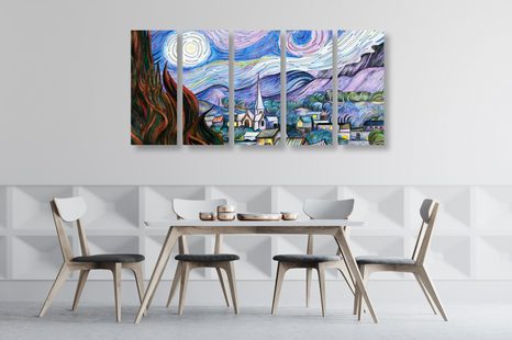 5-DÍLNÝ OBRAZ REPRODUKCE HVĚZDNÁ NOC - VINCENT VAN GOGH - ABSTRAKTNÍ OBRAZY - OBRAZY