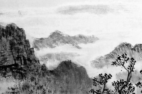 OBRAZ TRADIČNÍ ČÍNSKÁ MALBA KRAJINY V ČERNOBÍLÉM PROVEDENÍ - ČERNOBÍLÉ OBRAZY - OBRAZY