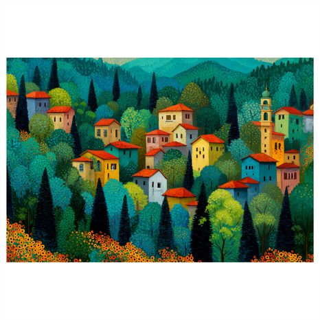 OBRAZ VESNICE V LETNÍM LESE - BAREVNÉ DOMY - OBRAZY