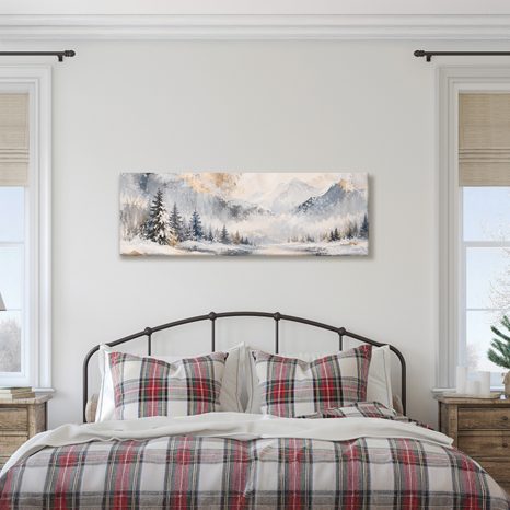 TABLEAU SUR TOILE – VALLÉE BRUMEUSE EN PAYSAGE HIVERNAL - TABLEAUX DE MONTAGNE - TABLEAUX