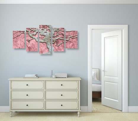 5-DÍLNÝ OBRAZ ABSTRAKTNÍ STROM NA DŘEVĚ S RŮŽOVÝM KONTRASTEM - OBRAZY STROMY ŽIVOTA - OBRAZY