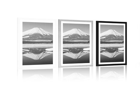 PLAKAT Z PASSE-PARTOUT JAPOŃSKA GÓRA FUJI W CZERNI I BIELI - PRZYRODA - PLAKATY