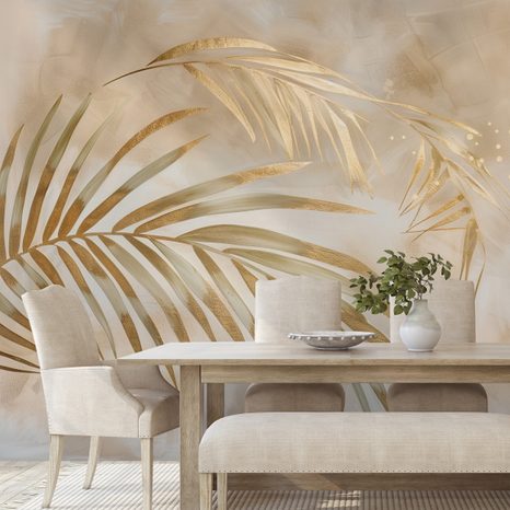 ZELFKLEVEND FOTOBEHANG GOUDEN PALMBLADEREN OP BEIGE ACHTERGROND - FOTOBEHANG BLADEREN - FOTOBEHANG