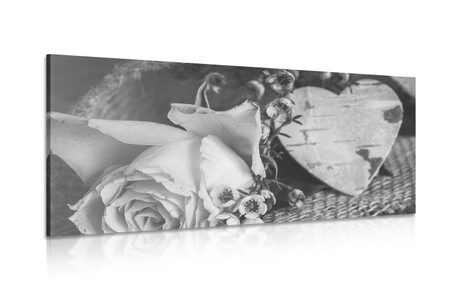 CANVAS PRINT ROSE AND A HEART IN VINTAGE BLACK AND WHITE - BLACK AND WHITE PICTURES - PICTURES