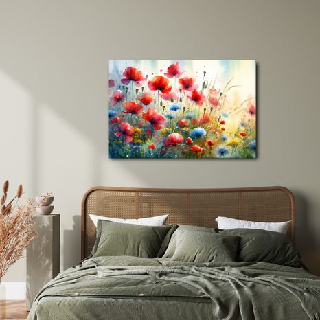 WANDBILD ROTE MOHNBLUMEN UND BLAUE KORNBLUMEN - WANDBILDER FELDER UND WIESEN - BILDER