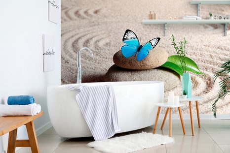 FOTÓTAPÉTA KÉK PILLANGÓ A ZEN KÖVÖN - FENG SHUI TAPÉTÁK - TAPÉTÁK