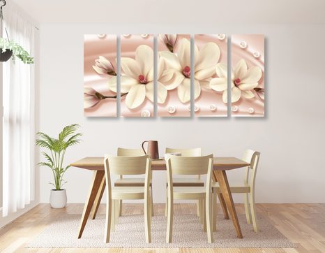 QUADRI 5 PEZZI – MAGNOLIA DI LUSSO CON PERLE - QUADRI DI FIORI - STAMPE E QUADRI