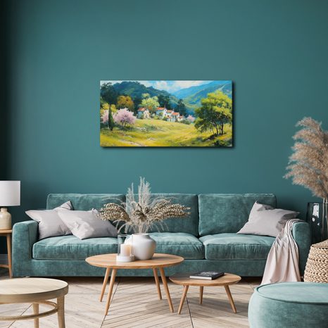 OBRAZ ROZKVETLÉ STROMY A HORY - BAREVNÉ DOMY - OBRAZY