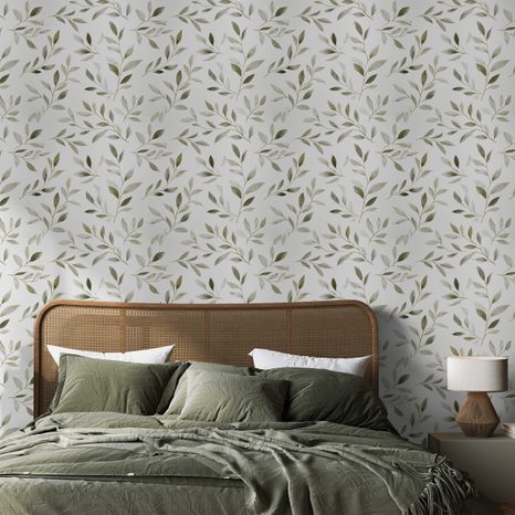 SAMOLEPÍCÍ TAPETA JEMNÉ OLIVOVÉ LÍSTKY NA ŠEDÉ - TAPETY LISTY - TAPETY
