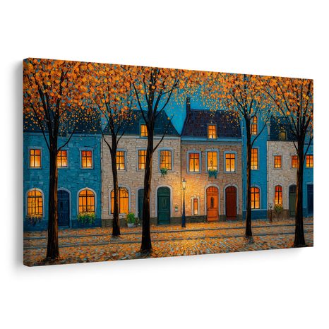 OBRAZ PODZIMNÍ VEČER V ULICI - BAREVNÉ DOMY - OBRAZY