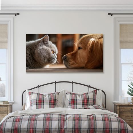 OBRAZ KLIDNÉ SETKÁNÍ KOČKY A PSA - OBRAZY ZVÍŘAT - OBRAZY