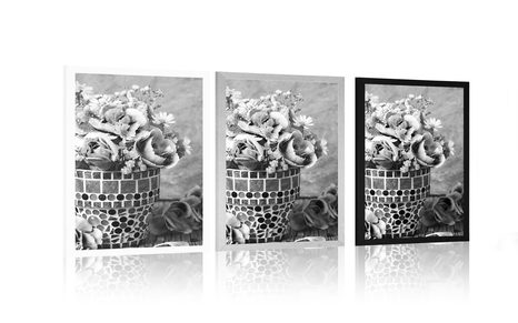 POSTER – FIORI DI GAROFANO IN VASO A MOSAICO IN BIANCO E NERO - NERO E BIANCO - POSTER