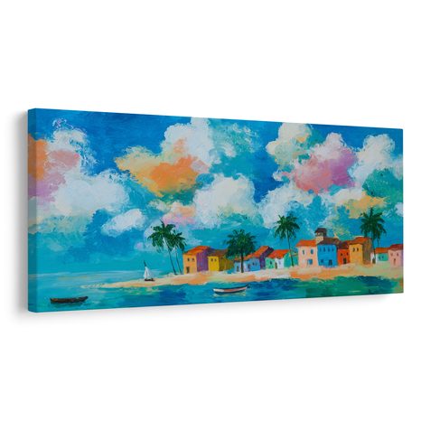 WANDBILD TROPISCHES PARADIES MIT SEGELBOOT - BUNTE HÄUSER - BILDER