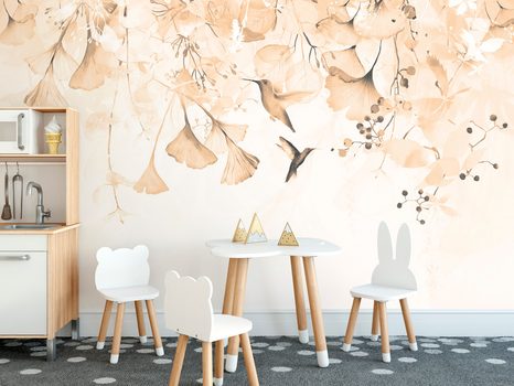 SAMOLEPIACA TAPETA LISTY S KOLIBRÍKMI V ODTIENI PEACH FUZZ - SAMOLEPIACE TAPETY - TAPETY