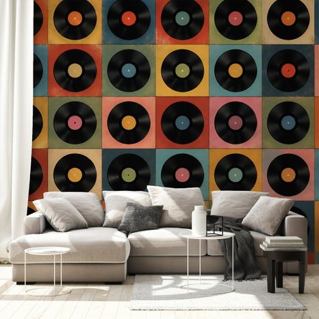 SELBSTKLEBENDE TAPETE RETRO-VINYLPLATTEN AUF BUNTEM HINTERGRUND - MUSIK FOTOTAPETEN - TAPETEN