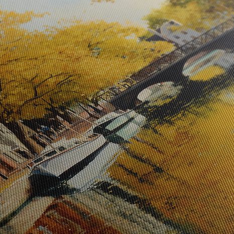 OBRAZ KLIDNÁ PODZIMNÍ ŘEKA S LODĚMI - BAREVNÉ DOMY - OBRAZY