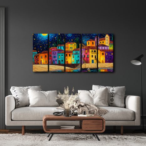 5-DÍLNÝ OBRAZ KOUZELNÁ NOČNÍ VESNICE - BAREVNÉ DOMY - OBRAZY