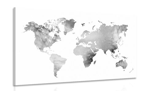 CANVAS PRINT WORLD MAP IN BLACK AND WHITE WATERCOLOR DESIGN - PICTURES OF MAPS - PICTURES