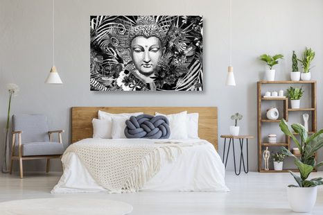 OBRAZ BUDHA NA EXOTICKÉM POZADÍ V ČERNOBÍLÉM PROVEDENÍ - ČERNOBÍLÉ OBRAZY - OBRAZY