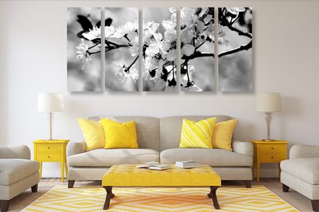 5-RÉSZES KÉP CSERESZNYE FA VIRÁGZÁSBAN FEKETE FEHÉRBEN - FEKETE-FEHÉR KÉPEK - KÉPEK