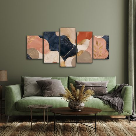 5-TEILIGES WANDBILD ABSTRAKTE GOLDENE BLÄTTER - WANDBILDER ABSTRAKTE FORMEN - BILDER