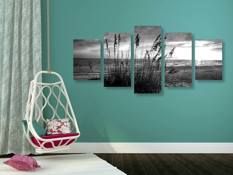5-CZĘŚCIOWY OBRAZ ZACHÓD SŁOŃCA NA PLAŻY W WERSJI CZARNO-BIAŁEJ - OBRAZY CZARNO-BIAŁE - OBRAZY