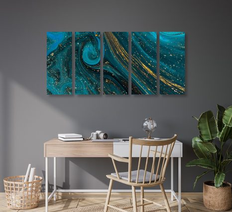 5-DÍLNÝ OBRAZ SMARAGDOVÁ ABSTRAKCE - ABSTRAKTNÍ OBRAZY - OBRAZY