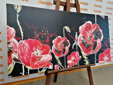 WANDBILD ROTE MOHNBLUMEN AUF SCHWARZEM HINTERGRUND - BILDER BLUMEN - BILDER