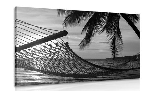 CANVAS PRINT HAMMOCK ON THE BEACH IN BLACK AND WHITE - BLACK AND WHITE PICTURES - PICTURES
