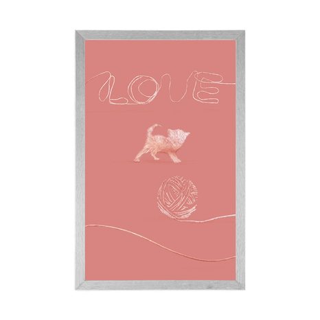 PLAKÁT KOČIČKA S KLUBÍČKEM A NÁPISEM LOVE - MOTIVY Z NAŠÍ DÍLNY - PLAKÁTY