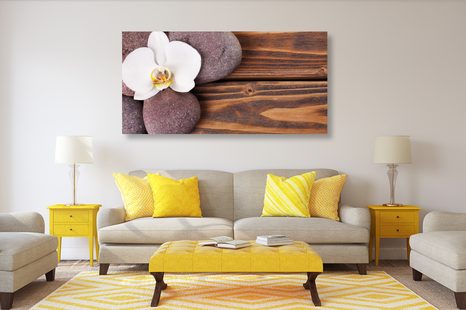 OBRAZ WELLNES KAMENY A ORCHIDEJ NA DŘEVĚNÉM POZADÍ - OBRAZY FENG SHUI - OBRAZY