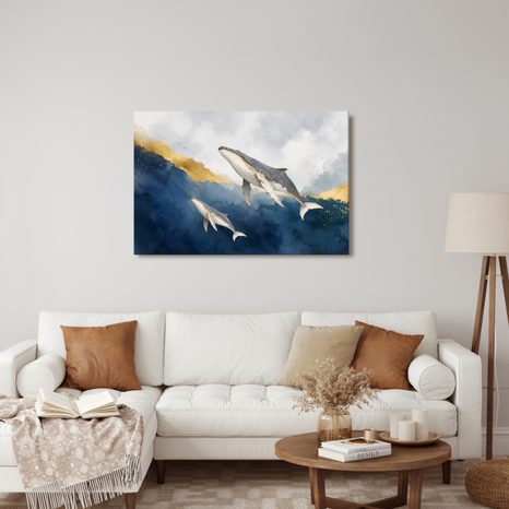 TABLEAU SUR TOILE – BALEINES DANS DES VAGUES DORÉES - TABLEAUX DE BALEINE - TABLEAUX