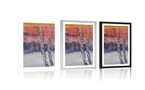 AFFICHE AVEC PASSE-PARTOUT – BOSQUET DE BOULEAUX AU COUCHER DU SOLEIL - NATURE - AFFICHES